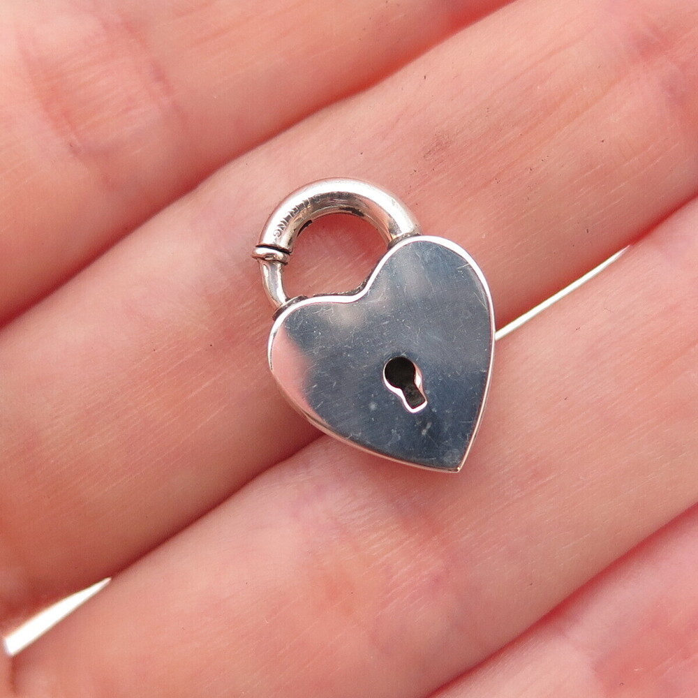 925 Sterling Antique Art Deco Heart Padlock Spring Ring Clasp Charm Pendant